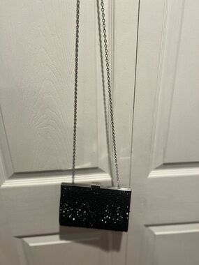 Elegant Black Rhinestone Evening Clutch with Silver Chain